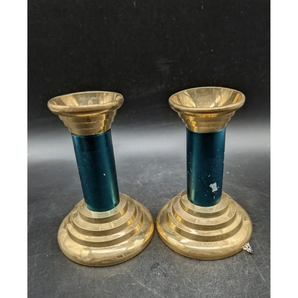 Vintage Brass Candlestick Holders Set of 2 Teal Blue Enamel Gold Tone 3